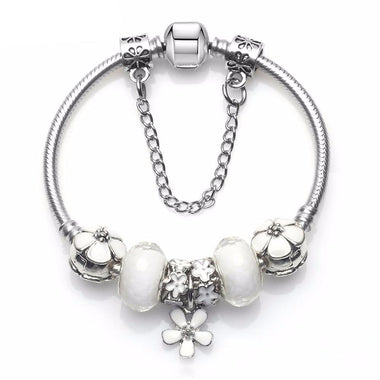 Silver Crystal & Flower Bead Charm Bracelet