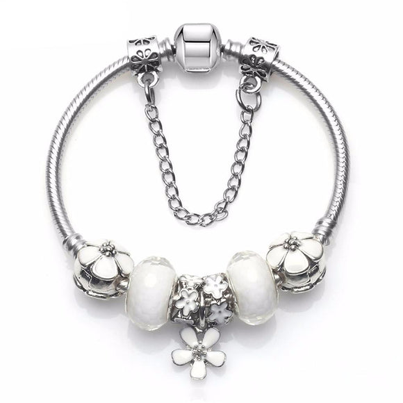 Silver Crystal & Flower Bead Charm Bracelet