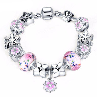 Antique Silver Floral Enamel Charm Bracelet